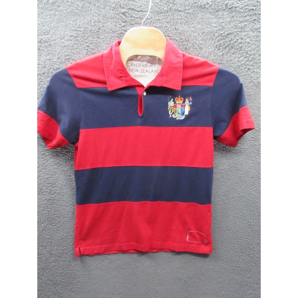 Canterbury Rugby Polo Shirt Men Medium Red Navy Stripe NZ Crest 100% Cotton